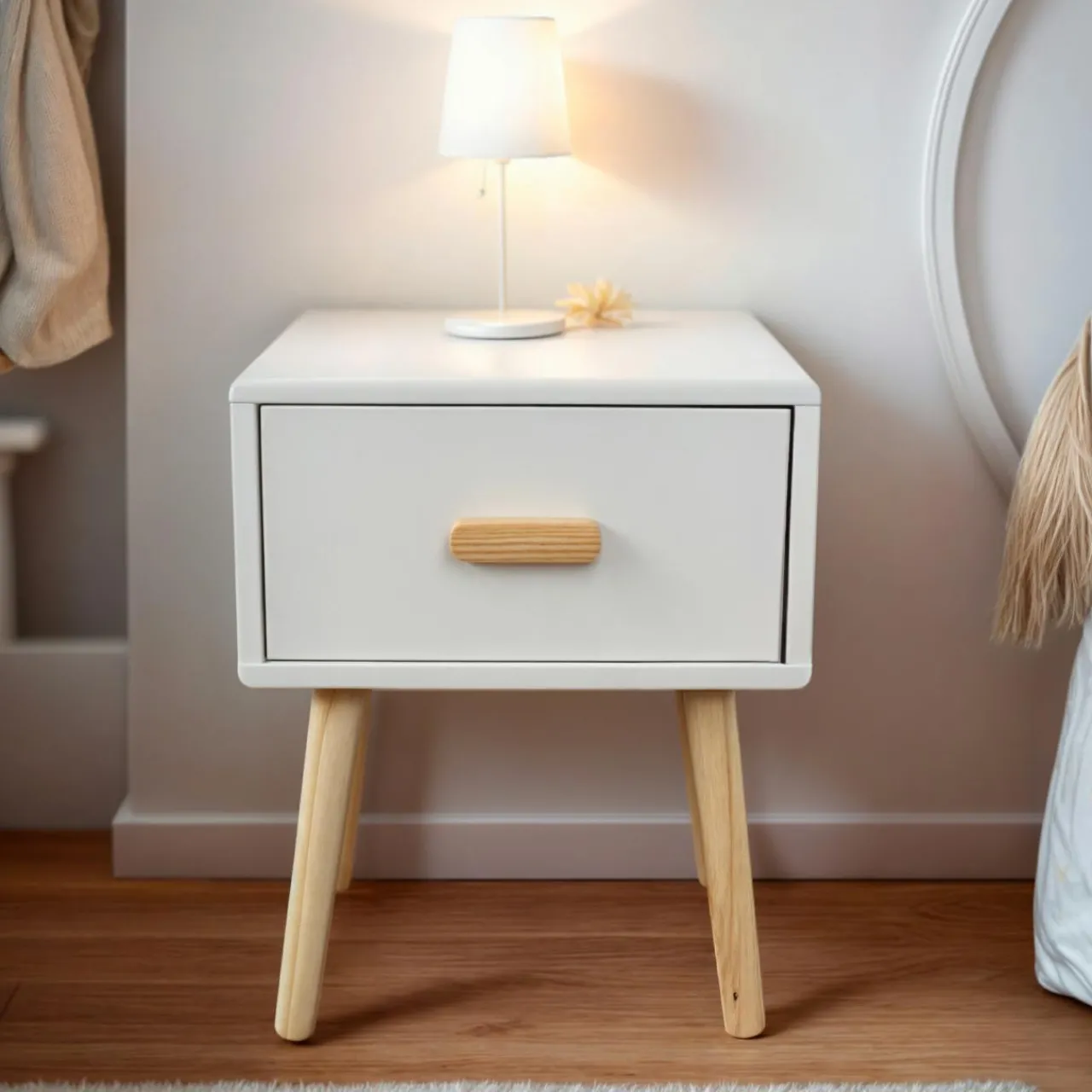 Petit Meuble Enfant|EMINZA Table de chevet enfant 1 tiroir bois (H44 cm) Livio Blanc