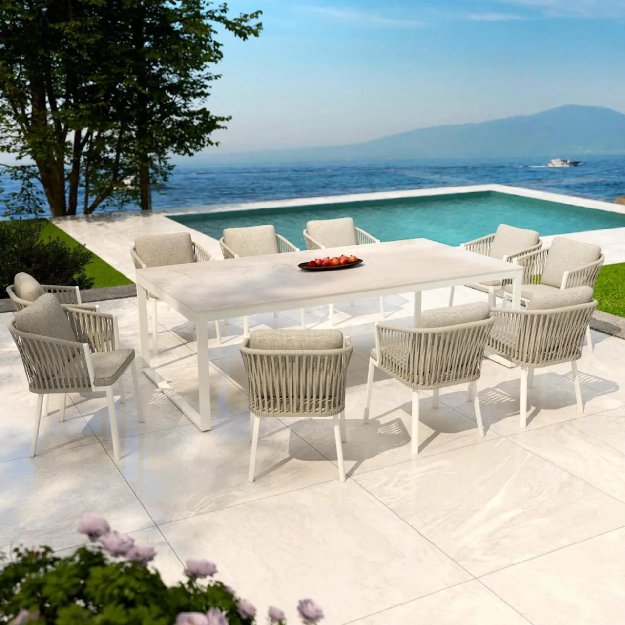 Table De Jardin|Salon De Jardin|MOBELLIA Table de jardin en aluminium et céramique 10 places (240 x 120 cm) Kore Blanc et Beige