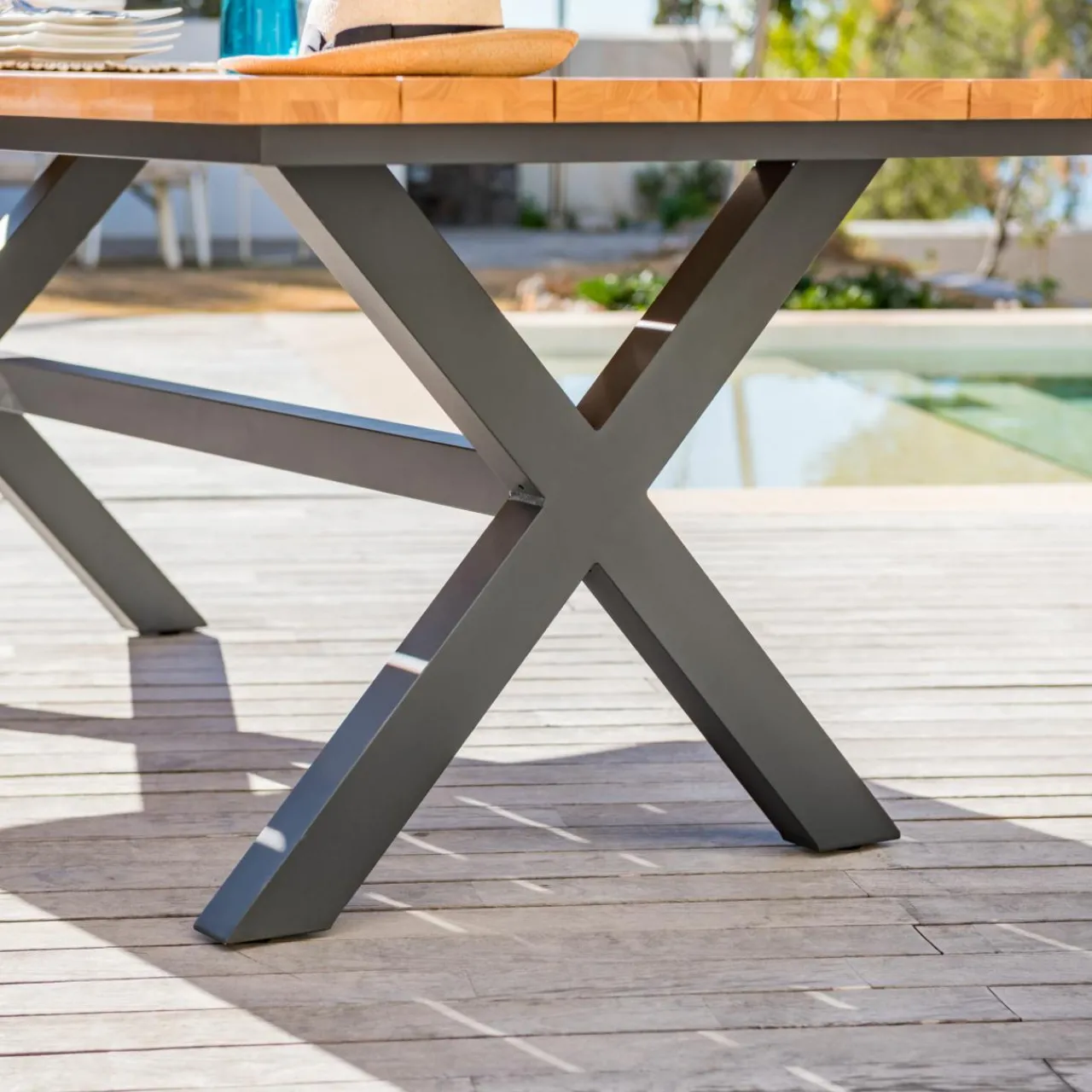 Table De Jardin|Salon De Jardin|MOBELLIA Table de jardin en aluminium et bois teck 8 places (200 x 100 cm) Bali Gris Anthracite