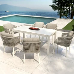 Table De Jardin|Salon De Balcon|MOBELLIA Table de jardin en aluminium et céramique 6 places (150 x 75 cm) Modena Blanc