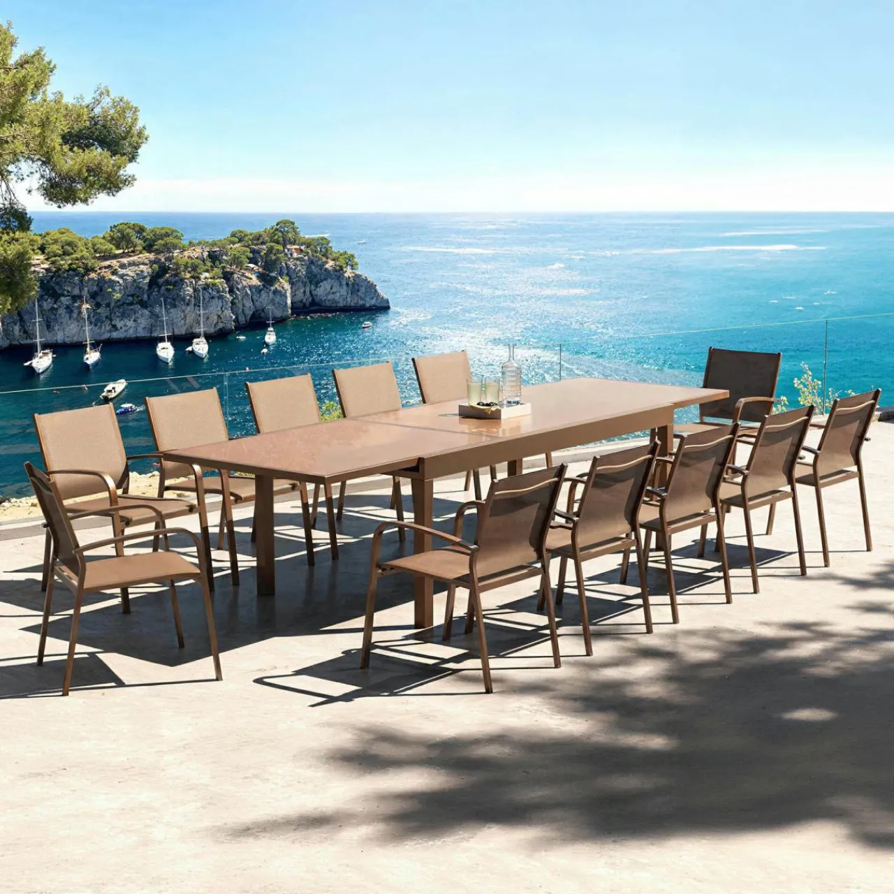 Table De Jardin|Salon De Jardin|MOBELLIA Table de jardin extensible en verre 12 places (200/320 x 100 cm) Murano Bronze
