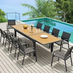 Table De Jardin|Salon De Jardin|MOBELLIA Table de jardin extensible en aluminium 12 places effet bois (200/320 x 100 cm) Murano Gris Anthracite