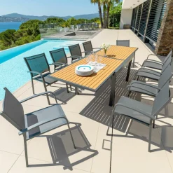 Table De Jardin|Salon De Jardin|MOBELLIA Table de jardin extensible en aluminium 10 places effet bois (135/270 x 90 cm) Murano Gris Anthracite