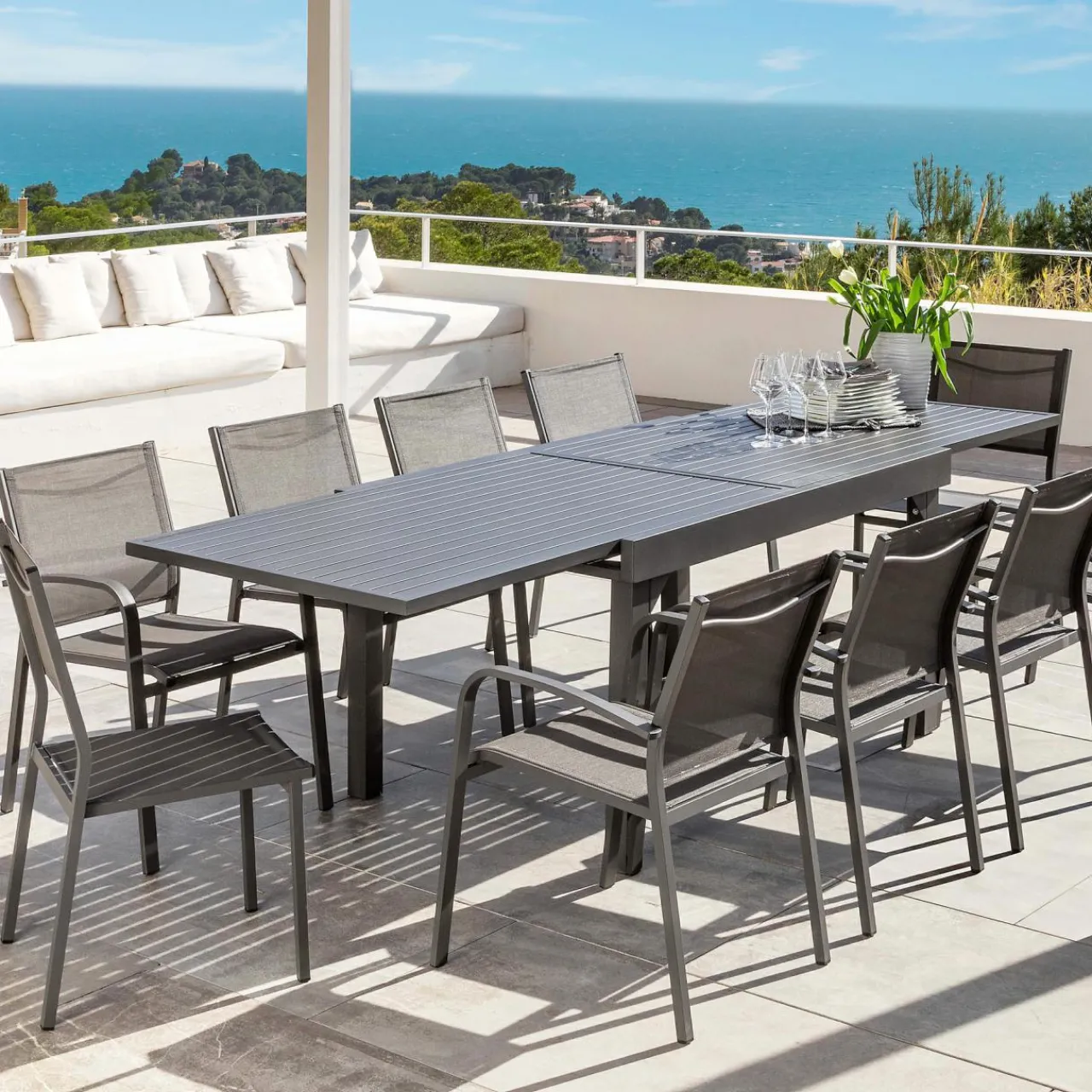 Table De Jardin|Salon De Jardin|MOBELLIA Table de jardin extensible en aluminium 10 places (135/270 x 90 cm) Murano Gris Anthracite