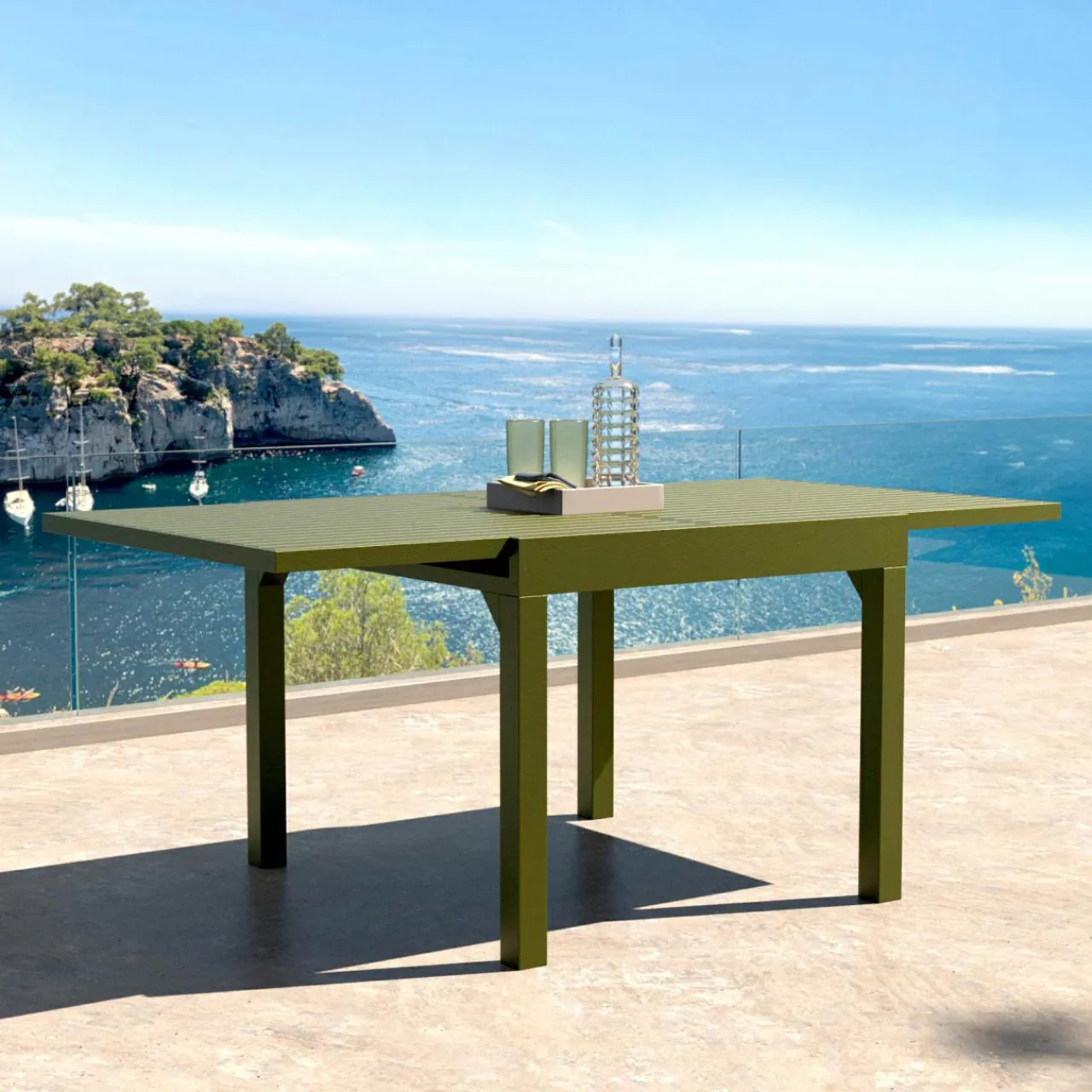 Table De Jardin|Salon De Balcon|MOBELLIA Table de jardin extensible en aluminium 8 places (90/180 x 90 cm) Murano Vert olive