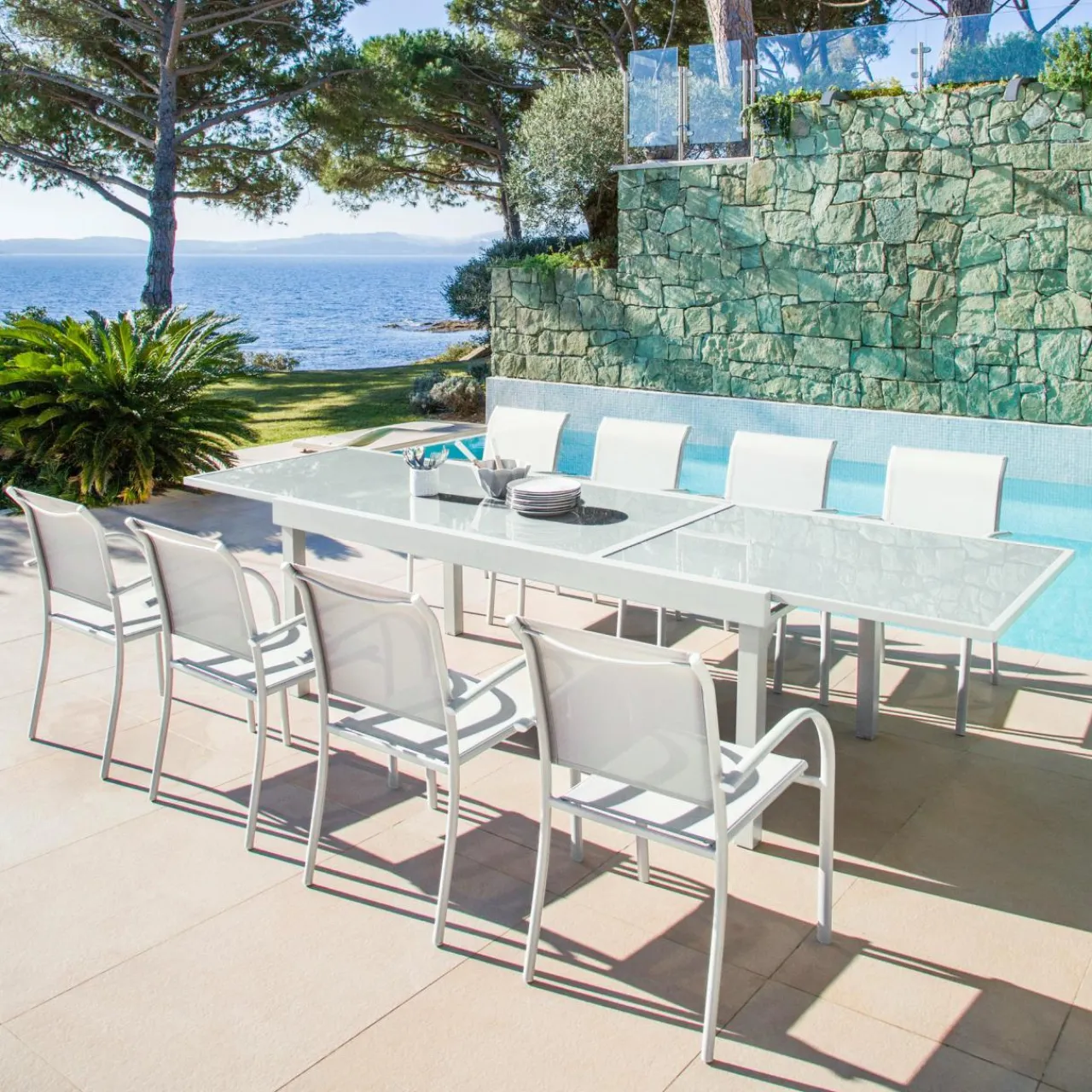 Salon De Jardin|Table De Jardin|MOBELLIA Table de jardin extensible en verre 10 places (135/270 x 90 cm) Murano Blanc