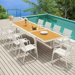 Table De Jardin|Salon De Jardin|MOBELLIA Table de jardin extensible en aluminium 12 places effet bois (200/320 x 100 cm) Murano Blanc