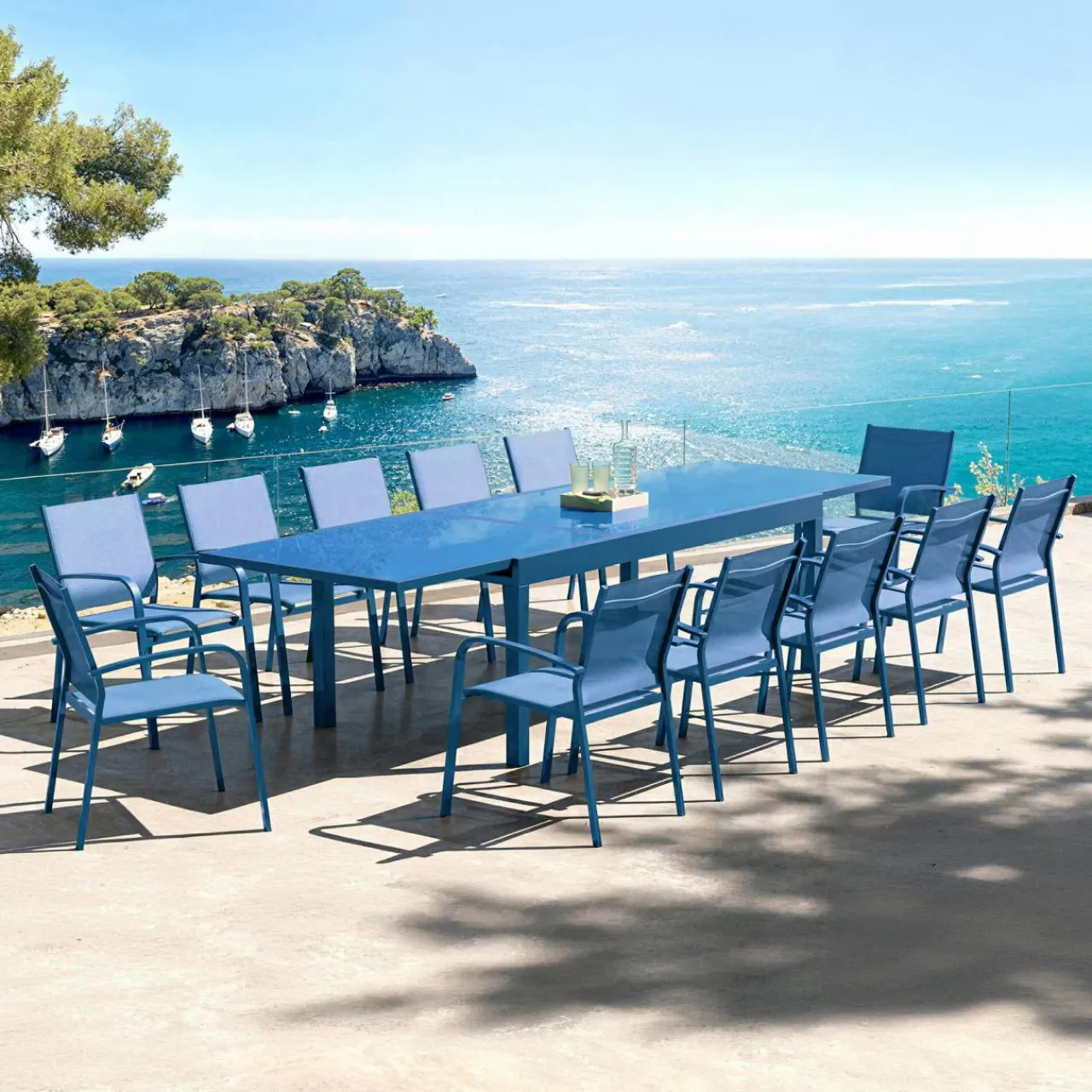 Table De Jardin|Salon De Jardin|MOBELLIA Table de jardin extensible en verre 12 places (200/320 x 100 cm) Murano Bleu pétrole