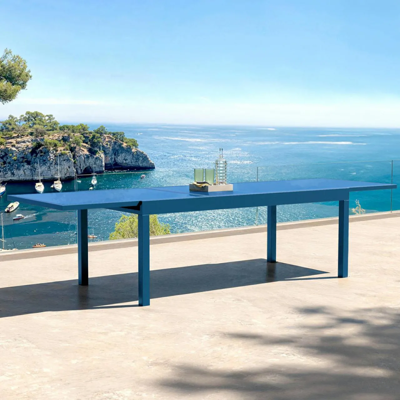 Table De Jardin|Salon De Jardin|MOBELLIA Table de jardin extensible en verre 12 places (200/320 x 100 cm) Murano Bleu pétrole