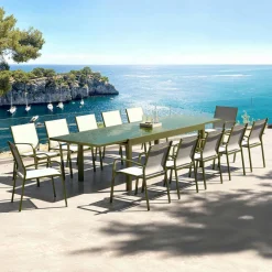 Table De Jardin|Salon De Jardin|MOBELLIA Table de jardin extensible en verre 12 places (200/320 x 100 cm) Murano Vert olive
