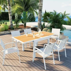 Table De Jardin|Salon De Balcon|MOBELLIA Table de jardin extensible en aluminium 8 places effet bois (90/180 x 90 cm) Murano Blanc