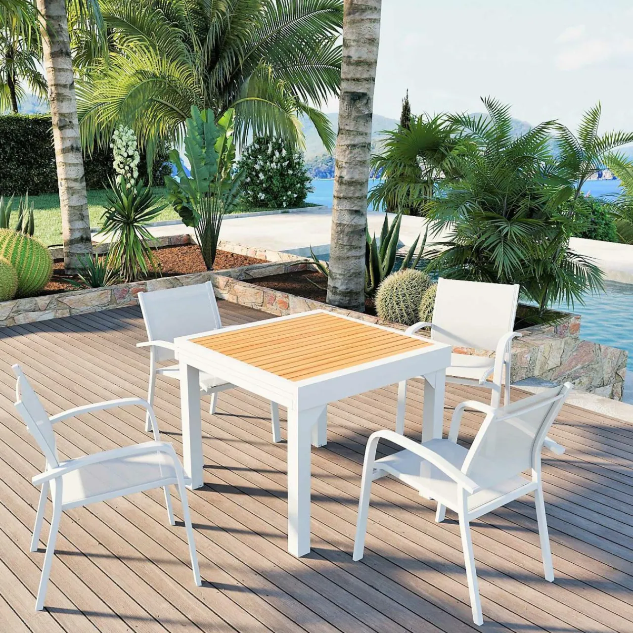 Table De Jardin|Salon De Balcon|MOBELLIA Table de jardin extensible en aluminium 8 places effet bois (90/180 x 90 cm) Murano Blanc