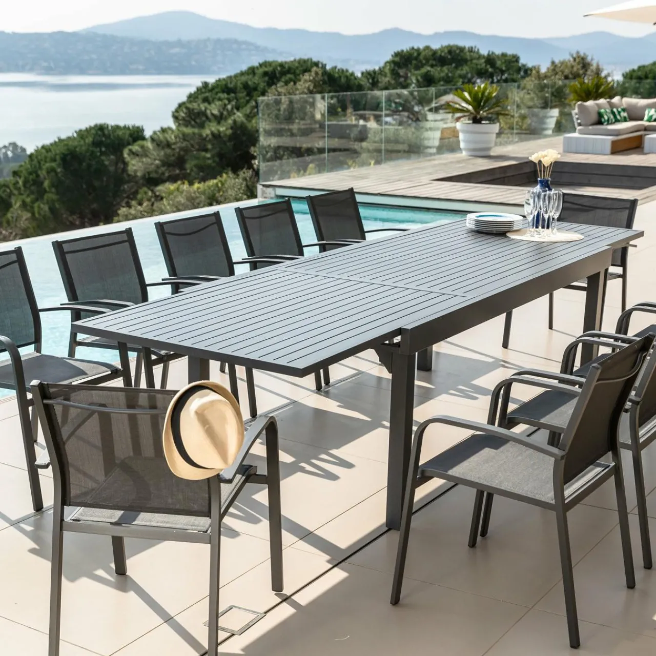 Table De Jardin|Salon De Jardin|MOBELLIA Table de jardin extensible aluminium 12 places (200/320 x 100 cm) Murano Gris Anthracite