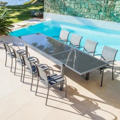 Table De Jardin|Salon De Jardin|MOBELLIA Table de jardin extensible en verre 10 places (135/270 x 90 cm) Murano Gris Anthracite