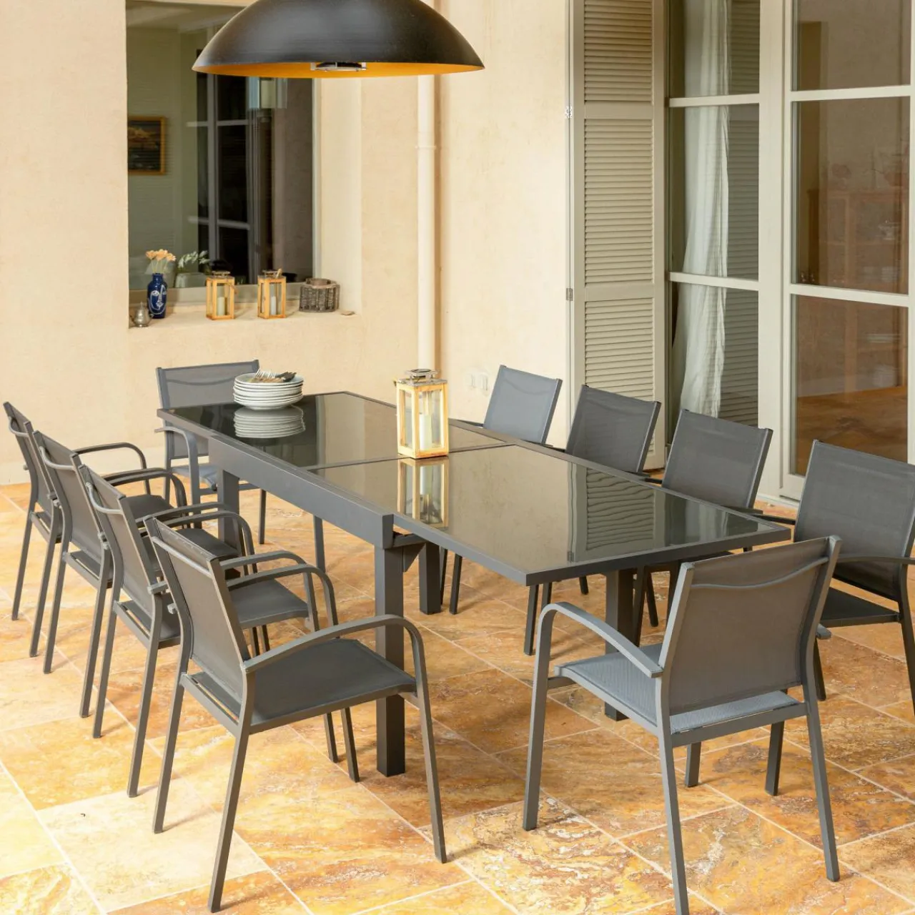 Table De Jardin|Salon De Jardin|MOBELLIA Table de jardin extensible en verre 10 places (135/270 x 90 cm) Murano Gris Anthracite