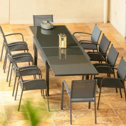 Table De Jardin|Salon De Jardin|MOBELLIA Table de jardin extensible en verre 10 places (135/270 x 90 cm) Murano Gris Anthracite