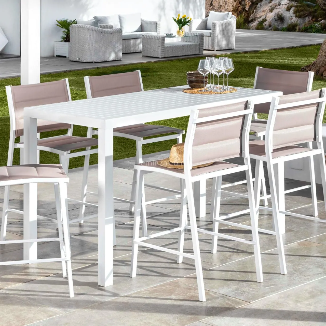 Table De Jardin|Salon De Balcon|MOBELLIA Table de jardin haute en aluminium 6 places (160 x H105 cm) Murano Blanc