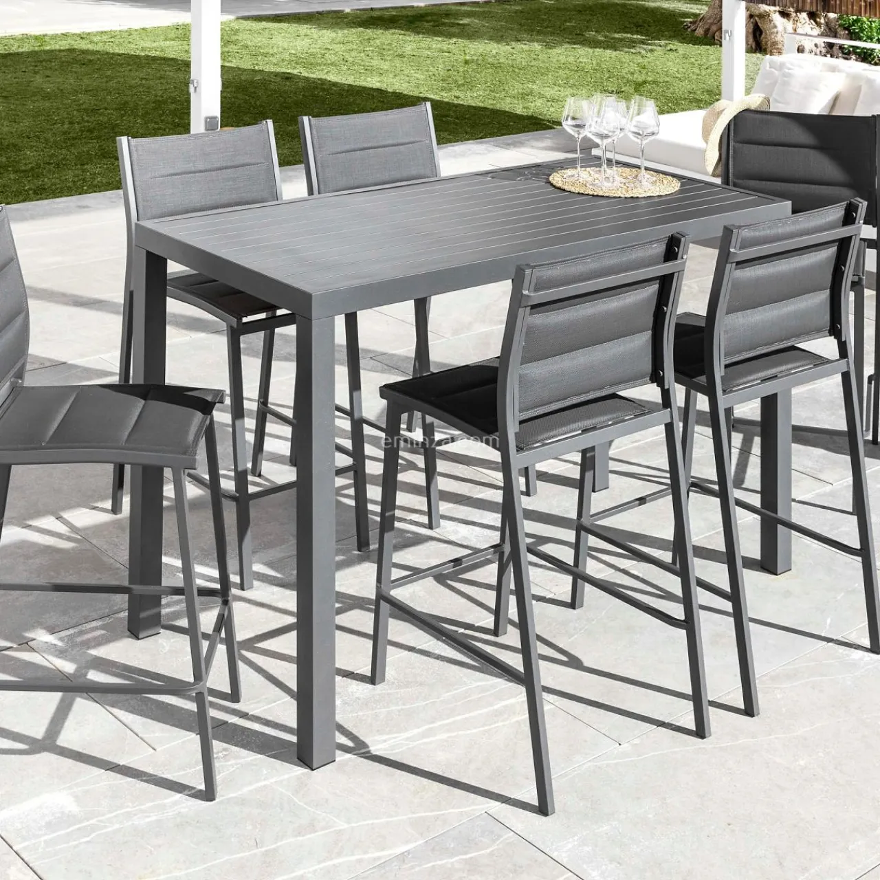 Table De Jardin|Salon De Balcon|MOBELLIA Table de jardin haute en aluminium 6 places (160 x H105 cm) Murano Gris Anthracite