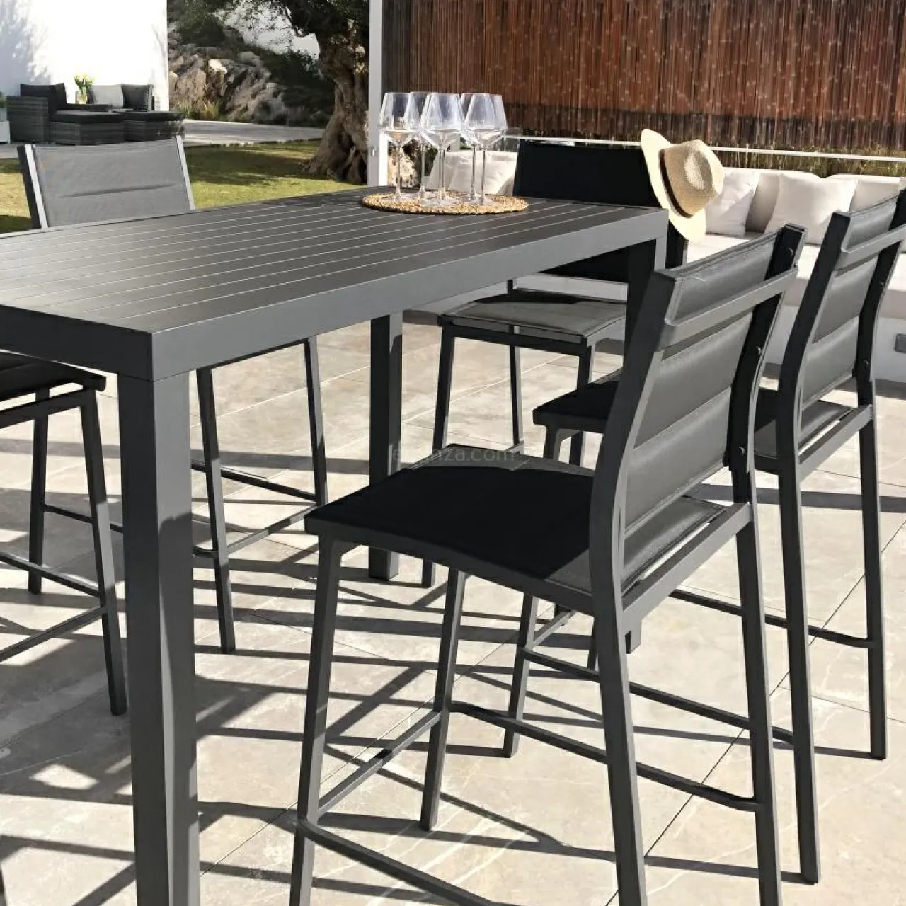 Table De Jardin|Salon De Balcon|MOBELLIA Table de jardin haute en aluminium 6 places (160 x H105 cm) Murano Gris Anthracite