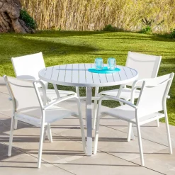 Table De Jardin|Salon De Balcon|MOBELLIA Table de jardin ronde en aluminium 5 places (D105 cm) Murano Blanc