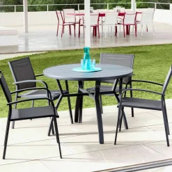 Table De Jardin|Salon De Balcon|MOBELLIA Table de jardin ronde en aluminium 5 places (D105 cm) Murano Gris Anthracite