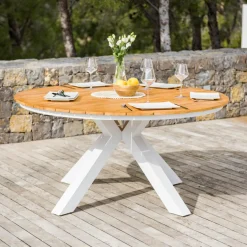Table De Jardin|Salon De Jardin|MOBELLIA Table de jardin ronde en aluminium et bois teck 8 places (D140 cm) Bali Blanc