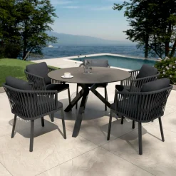Table De Jardin|Salon De Jardin|MOBELLIA Table de jardin ronde en aluminium et céramique 6 places (D120 cm) Kore Gris Anthracite