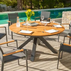 Table De Jardin|Salon De Jardin|MOBELLIA Table de jardin ronde en aluminium et bois teck 8 places (D140 cm) Bali Gris Anthracite
