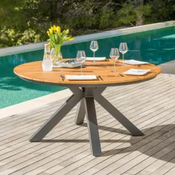 Table De Jardin|Salon De Jardin|MOBELLIA Table de jardin ronde en aluminium et bois teck 8 places (D140 cm) Bali Gris Anthracite