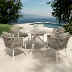 Table De Jardin|Salon De Jardin|MOBELLIA Table de jardin ronde en aluminium et céramique 6 places (D120 cm) Kore Blanc