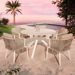 Table De Jardin|Salon De Jardin|MOBELLIA Table de jardin ronde en aluminium et céramique 6 places (D120 cm) Kore Blanc