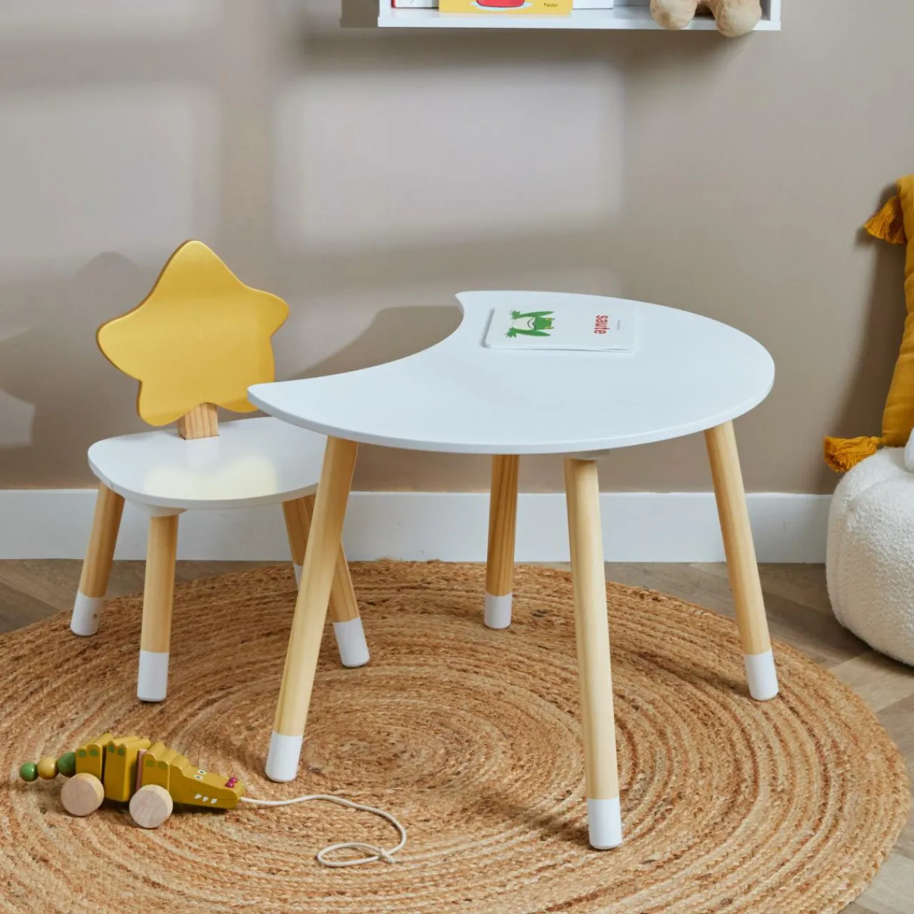 Petit Meuble Enfant|EMINZA Table et 1 chaise enfant bois (H44 cm) Stars Blanc