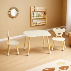 Petit Meuble Enfant|EMINZA Table et 2 chaises enfant bois (H44 cm) Oursons Blanc