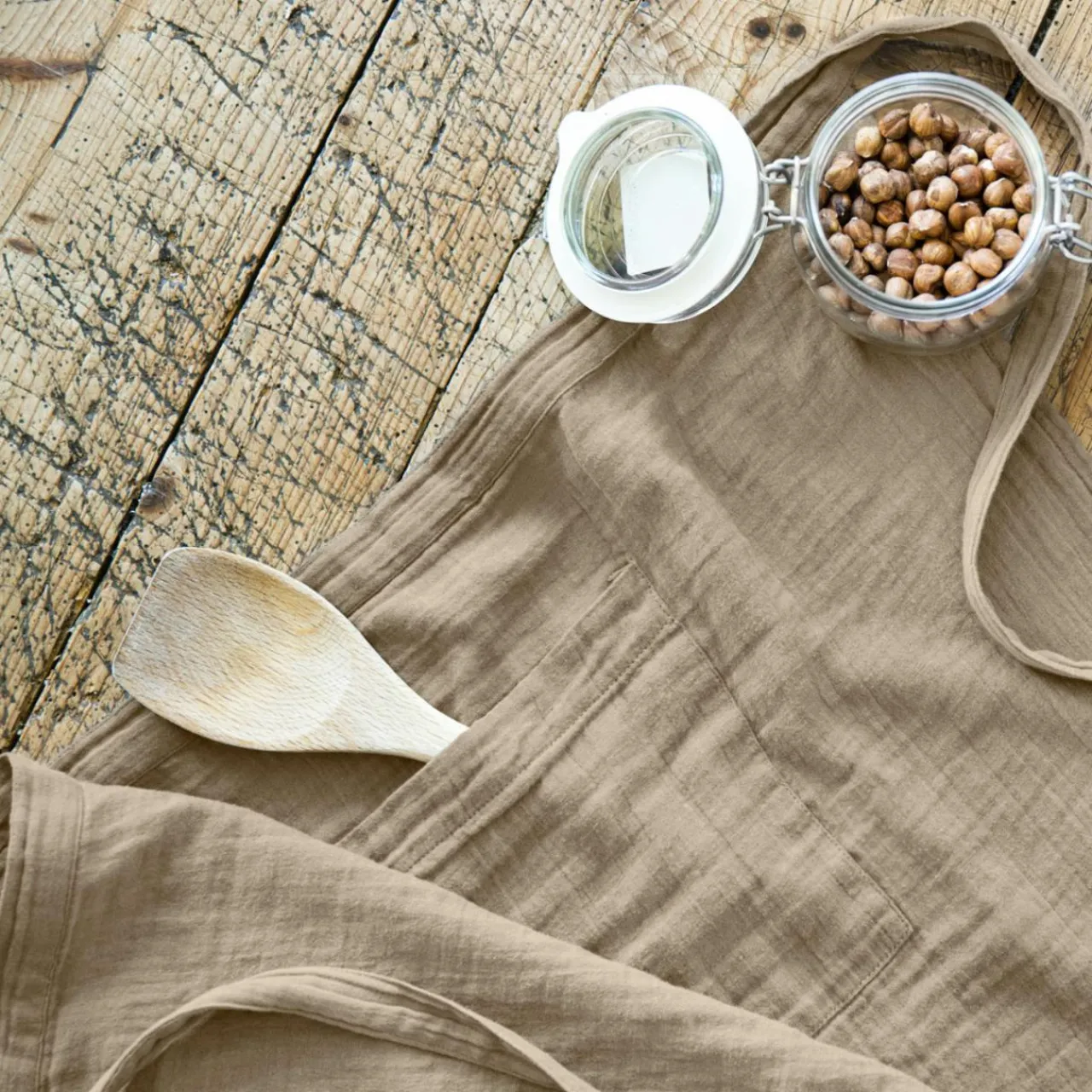 Accessoire Cuisine|EMINZA Tablier avec poches gaze de coton Gaïa Ficelle