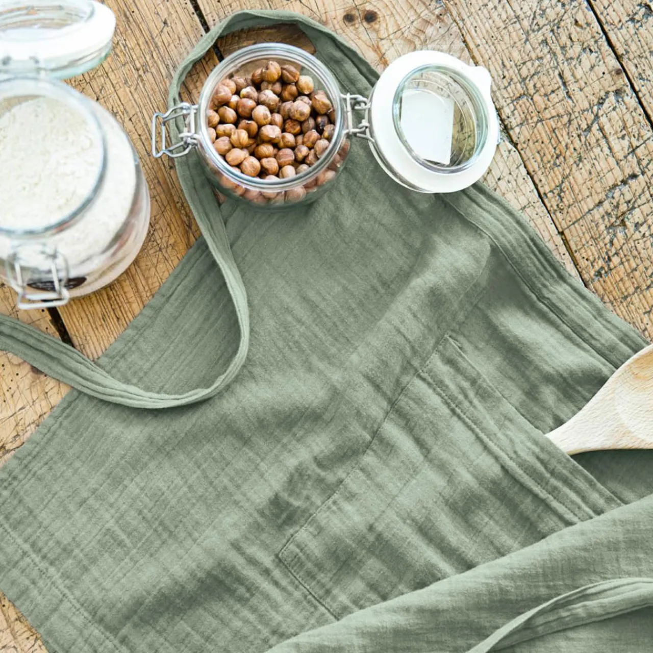 Accessoire Cuisine|EMINZA Tablier avec poches gaze de coton Gaïa Vert Eucalyptus