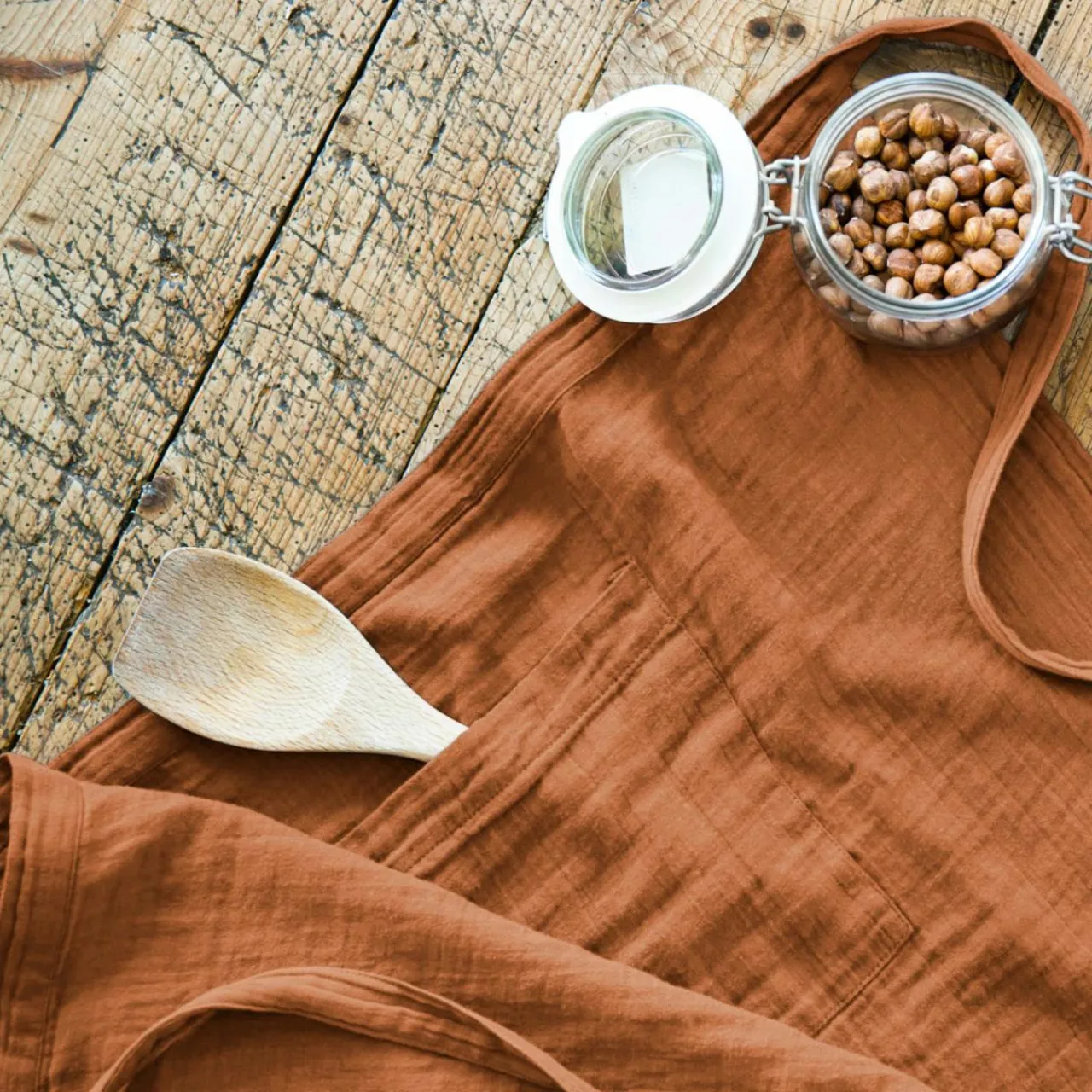 Accessoire Cuisine|EMINZA Tablier avec poches gaze de coton Gaïa Abricot