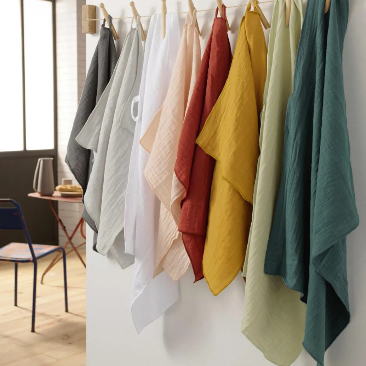 Accessoire Cuisine|EMINZA Tablier avec poches gaze de coton Gaïa Abricot