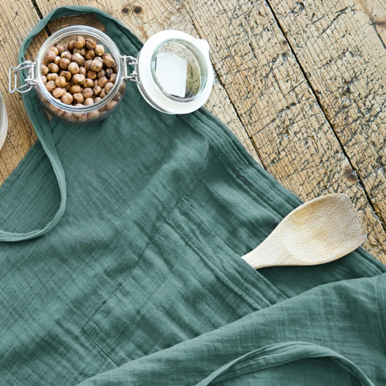 Accessoire Cuisine|EMINZA Tablier avec poches gaze de coton Gaïa Bleu canard