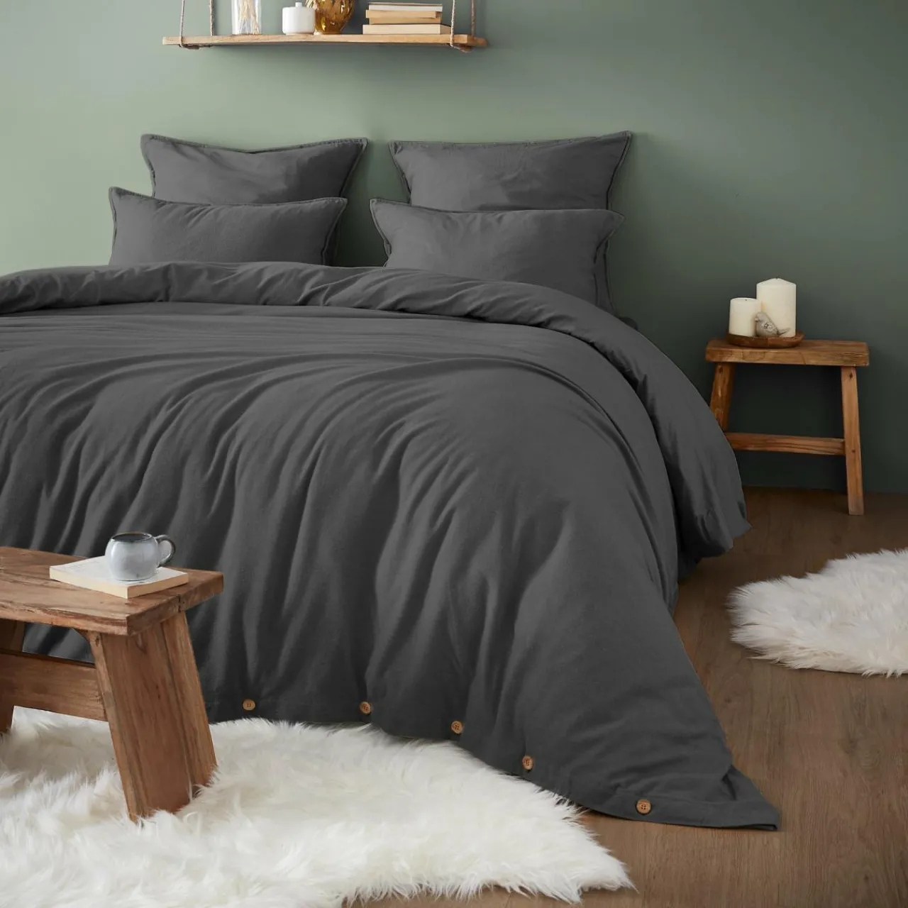 Taie D'Oreiller, Traversin|EMINZA Taie de traversin flanelle de coton (L185 cm) Théa Gris Anthracite