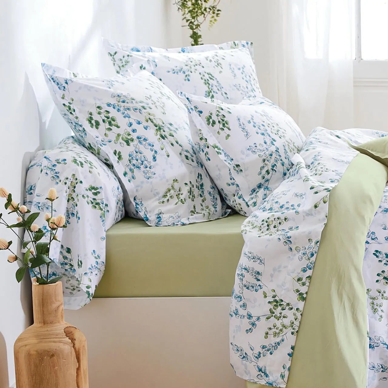 Taie D'Oreiller, Traversin|TRADILINGE Taie de traversin satin de coton (L200 cm) Angèle Vert tilleul