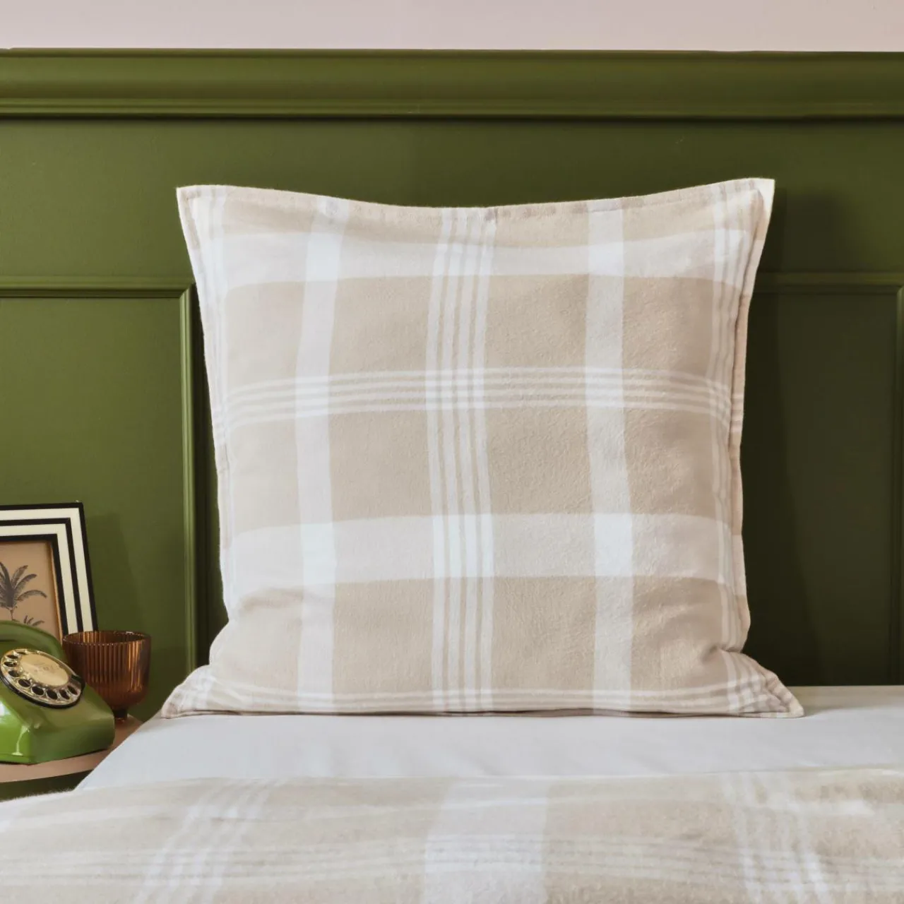 Taie D'Oreiller, Traversin|EMINZA Taie d'oreiller carrée flanelle de coton (63 x 63 cm) Nina carreaux Beige Carreau Beige