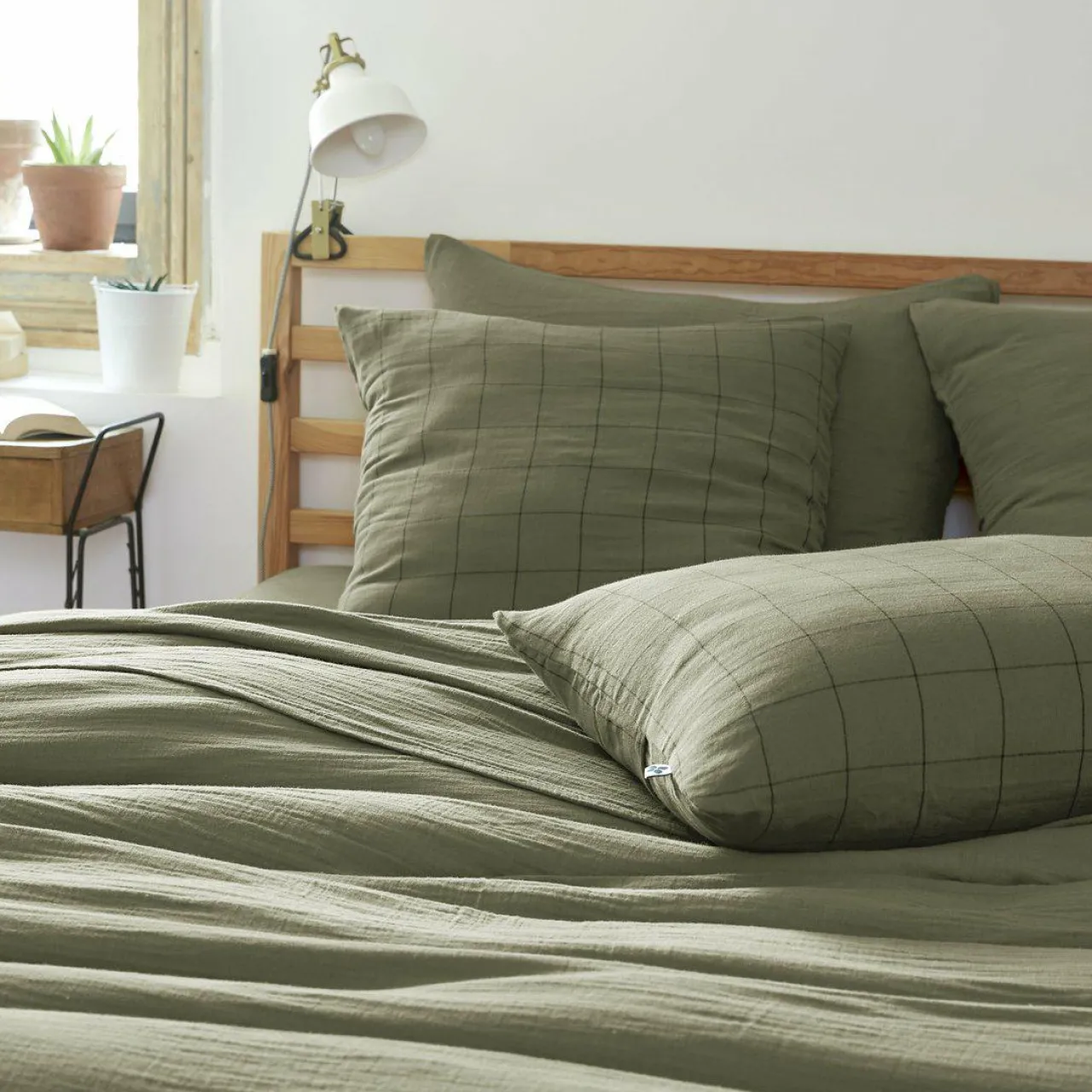 Taie D'Oreiller, Traversin|EMINZA Taie d'oreiller carrée gaze de coton (60 x 60 cm) Gaïa Match Vert romarin