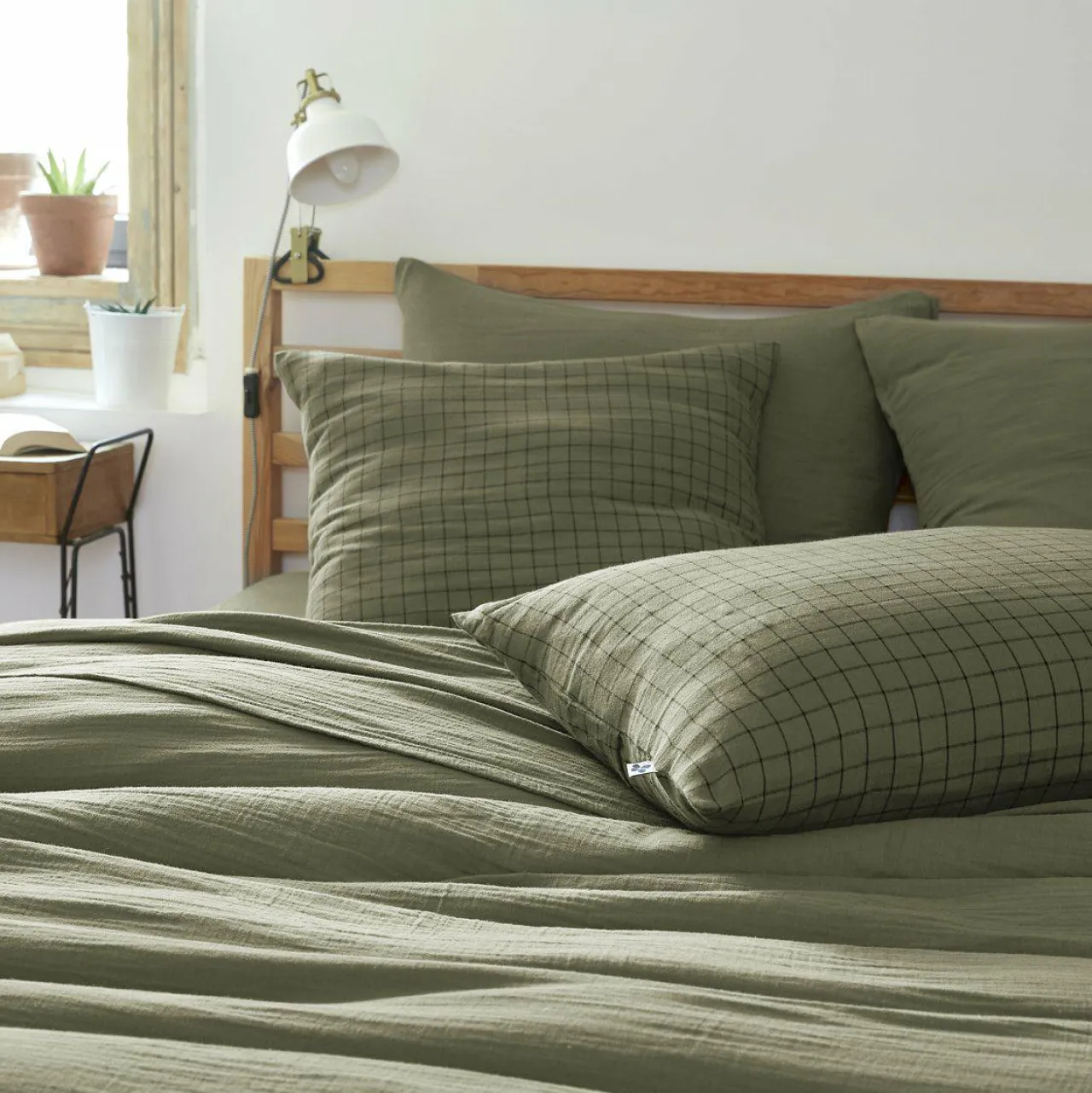 Taie D'Oreiller, Traversin|EMINZA Taie d'oreiller carrée gaze de coton (60 x 60 cm) Gaïa Mix Vert romarin