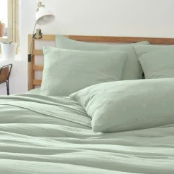 Taie D'Oreiller, Traversin|EMINZA Taie d'oreiller carrée gaze de coton (60 x 60 cm) Gaïa Boho Vert Eucalyptus