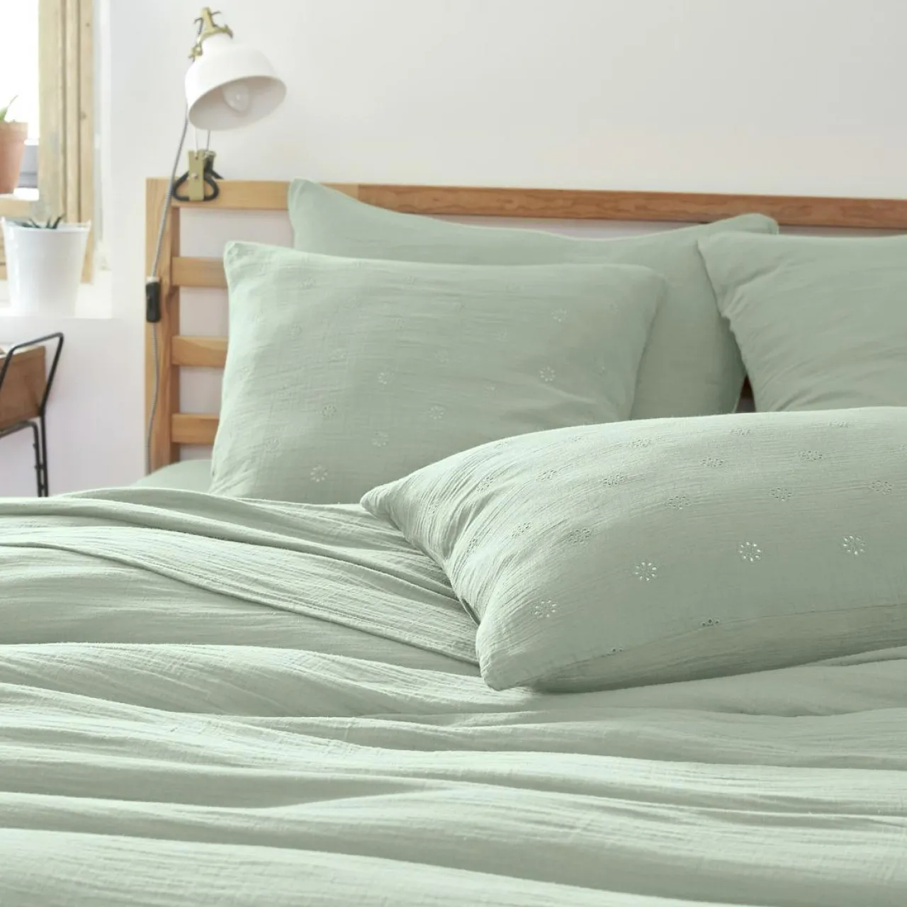 Taie D'Oreiller, Traversin|EMINZA Taie d'oreiller carrée gaze de coton (60 x 60 cm) Gaïa Boho Vert Eucalyptus