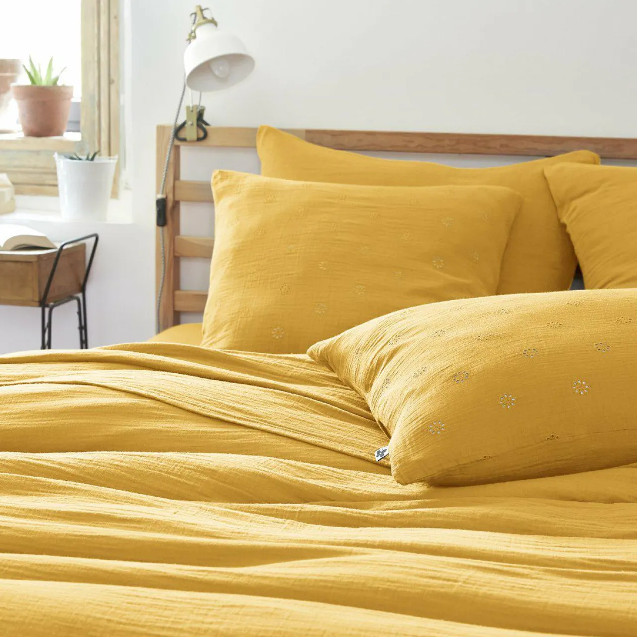 Taie D'Oreiller, Traversin|EMINZA Taie d'oreiller carrée gaze de coton (60 x 60 cm) Gaïa Boho Jaune safran