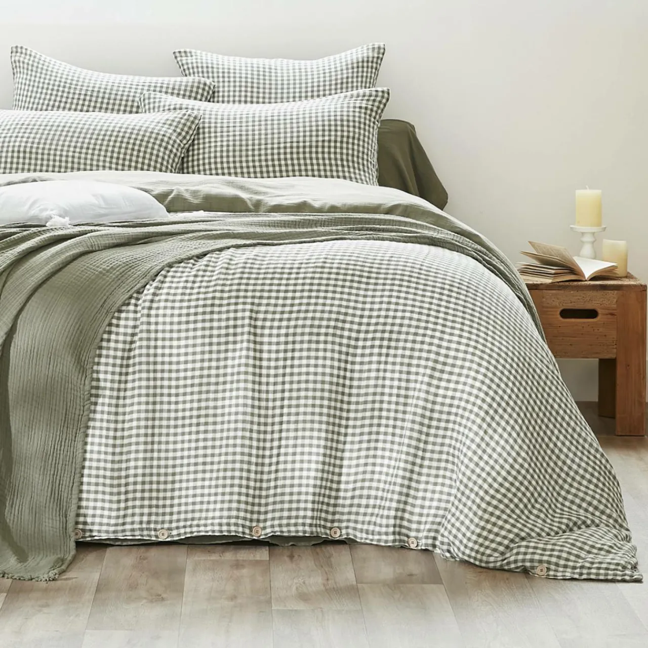 Taie D'Oreiller, Traversin|EMINZA Taie d'oreiller carrée gaze de coton (60 x 60 cm) Gaïa vichy Vert romarin