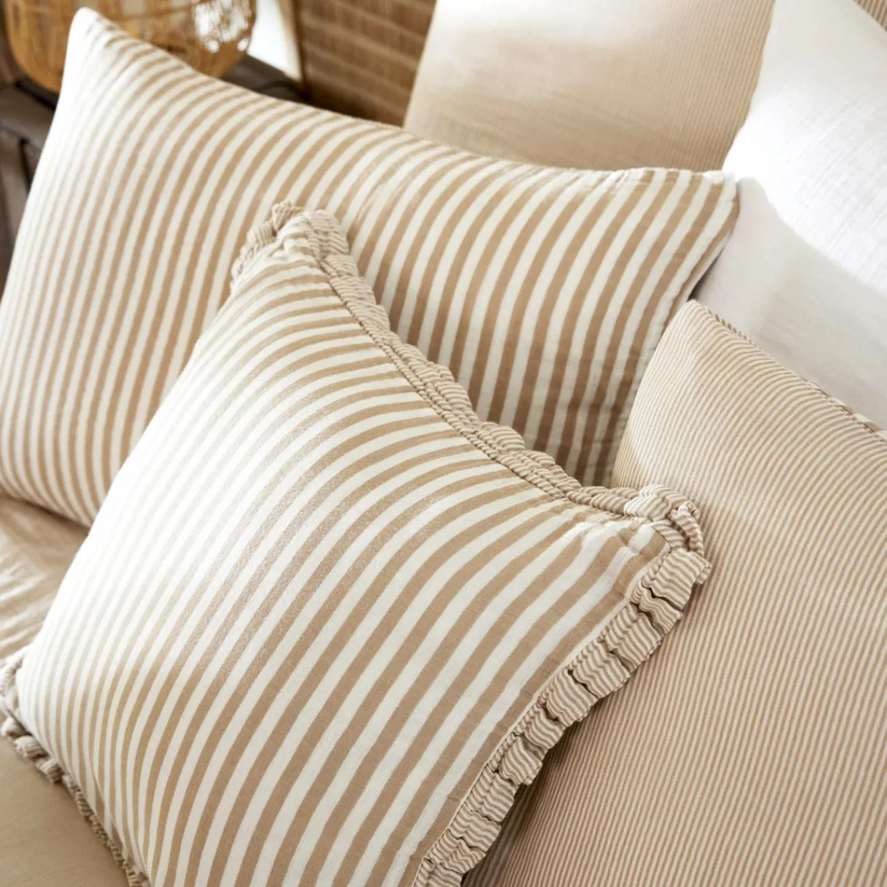 Taie D'Oreiller, Traversin|EMINZA Taie d'oreiller Carrée gaze de coton (60 x 60 cm) Gaïa rayures Ficelle Rayure Ficelle