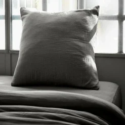 Taie D'Oreiller, Traversin|EMINZA Taie d'oreiller carrée gaze de coton (60 x 60 cm) Gaïa Gris granit Gris foncé