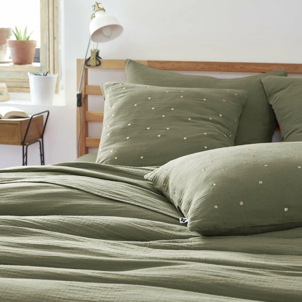 Taie D'Oreiller, Traversin|EMINZA Taie d'oreiller carrée gaze de coton (60 x 60 cm) Gaïa Chic Vert romarin